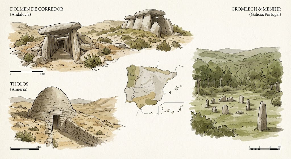 Ejemplos zonales de arte megalítico (Generada con Gemini)